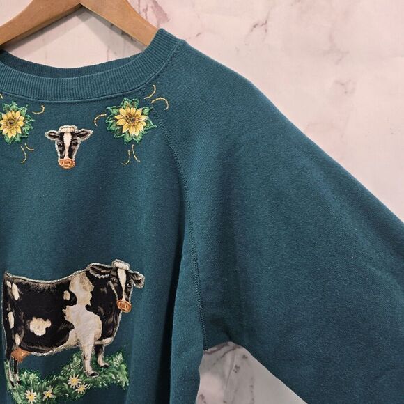 Vintage Sweatshirt Womens Large Green Cow Pig Chickens Farm Upcycled - Picture 11 of 12